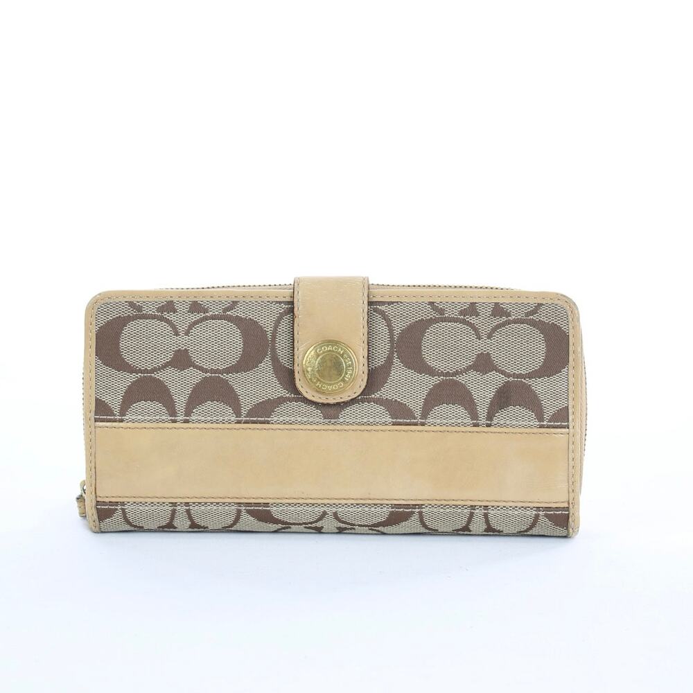 Coach Signature Stripe Checkbook Wallet Beige Brown Canvas Snap Closure